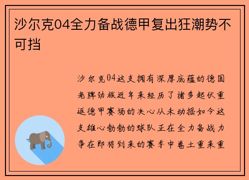 沙尔克04全力备战德甲复出狂潮势不可挡