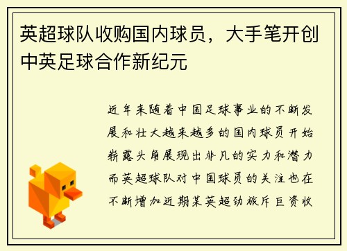 英超球队收购国内球员，大手笔开创中英足球合作新纪元